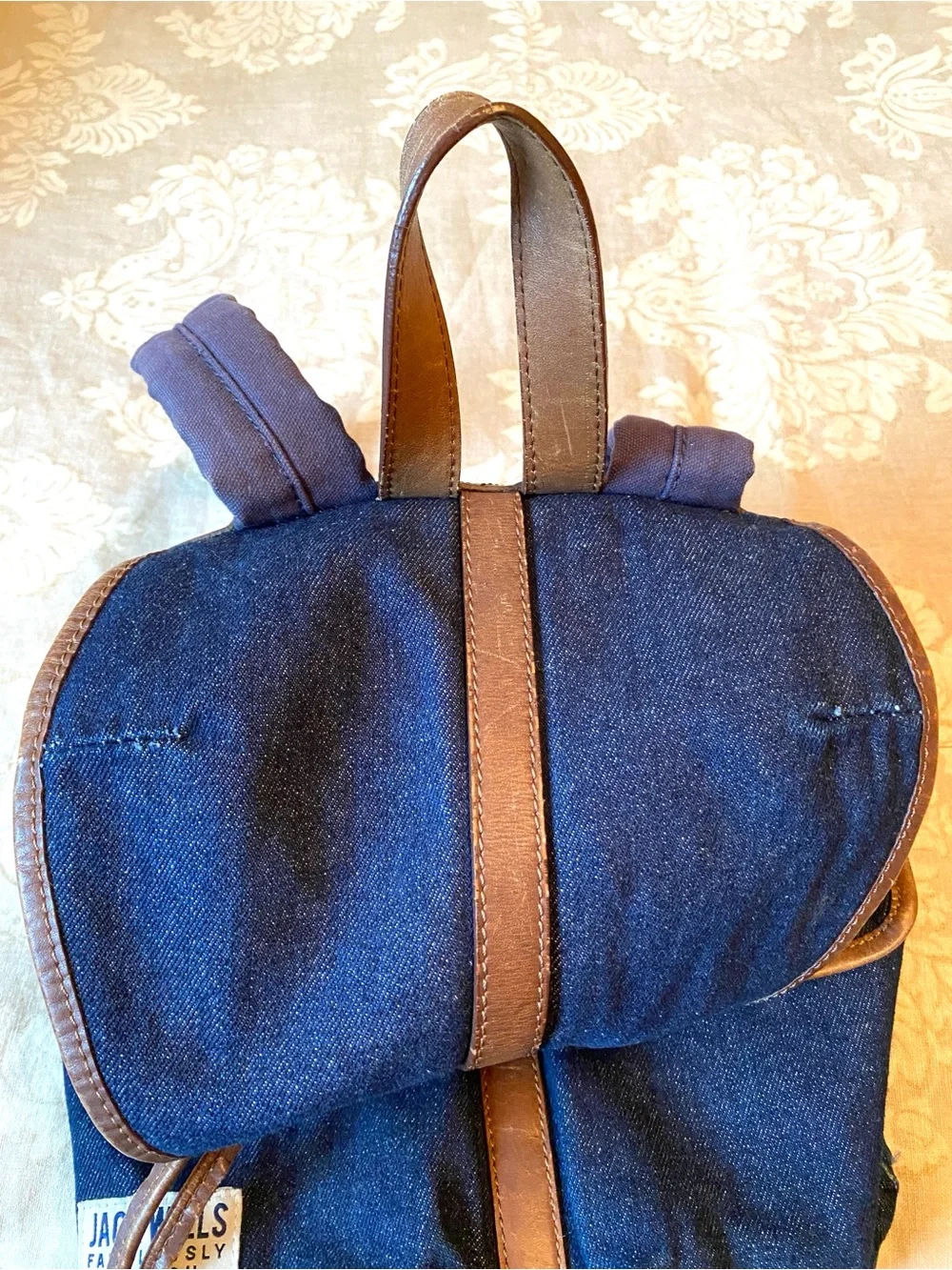 Jack Wills Blue Denim Canvas Cinch Top Backpack Leather Trim